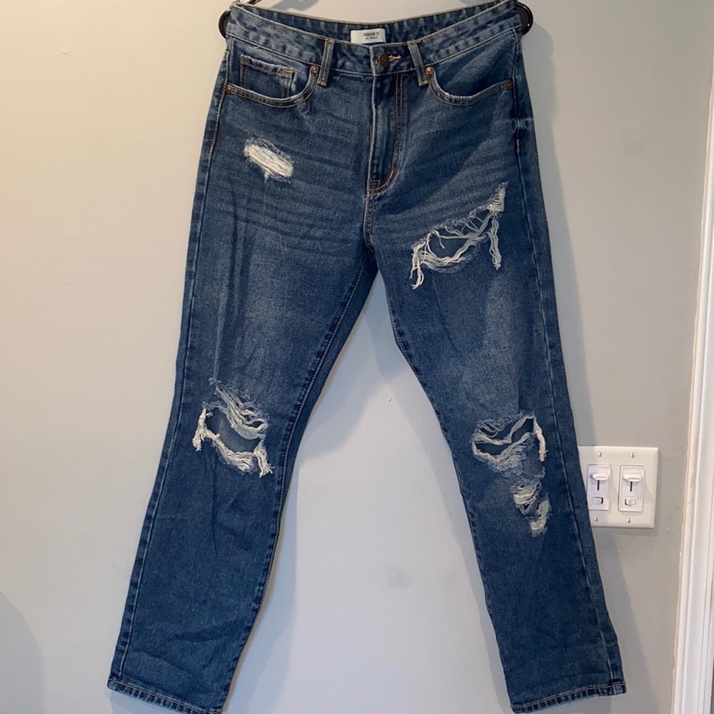 Forever 21 Boyfriend Dark-Wash Ripped Jeans